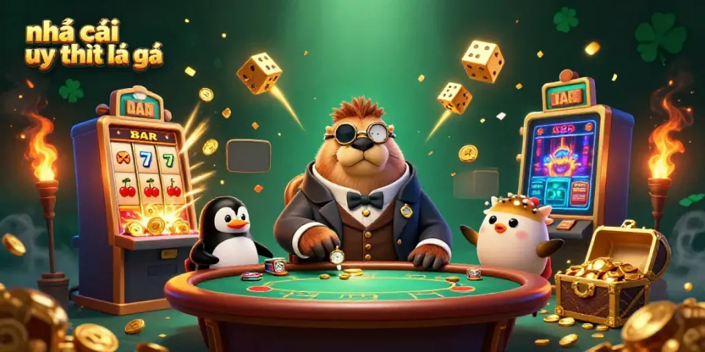 Engaging illustration of nhà cái uy tín là gì with a walrus, penguin dealer, and pufferfish amidst vibrant casino elements.