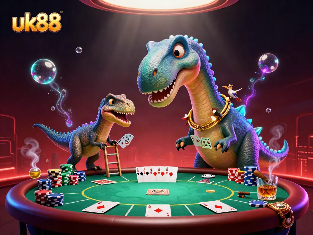 Players engage thrilling poker action at uk88 casino, featuring a vibrant 3D dinosaur scene.