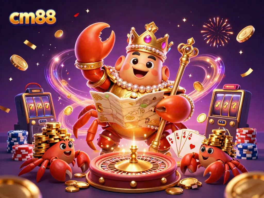 Experience the vibrant excitement of cm88 casino with a dynamic illustration of a golden crab emperor amidst sparkling treasures and casino elements.