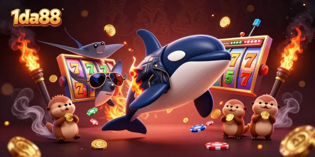 Experience thrilling moments with 1da88 as cartoon characters celebrate casino wins in a colorful slot scene.