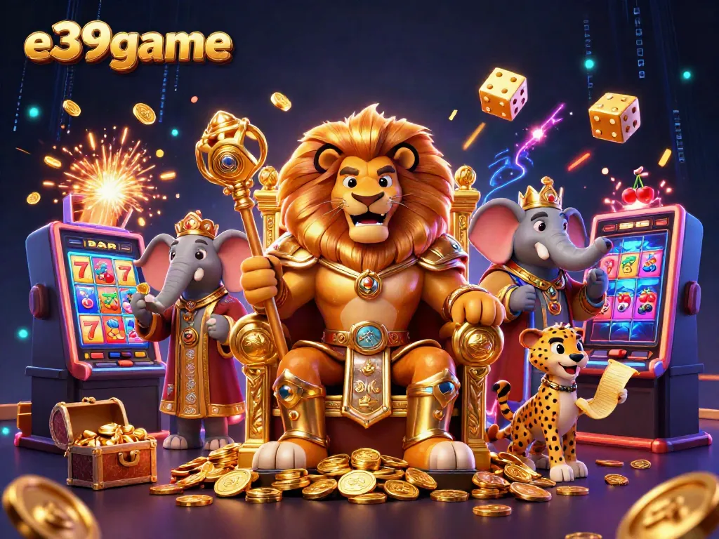 Experience e39game excitement with a royal lion king, elephant advisor, and cheetah messenger in a dynamic casino scene.