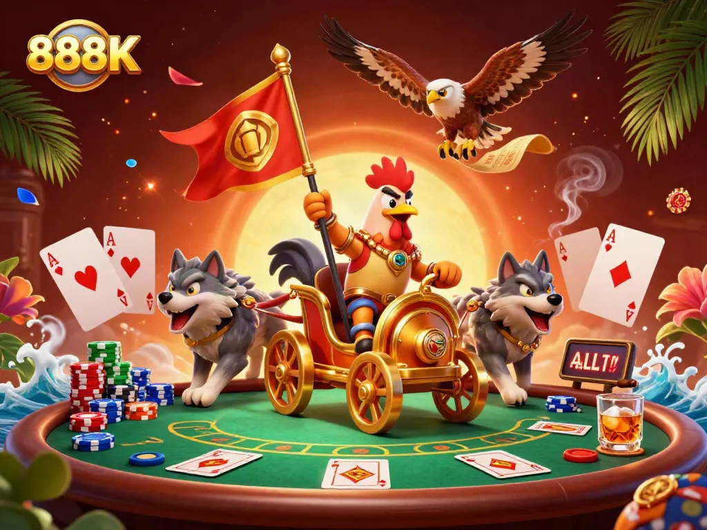 Experience the thrilling world of 888K gaming with a rooster warlord leading a vibrant casino scene.