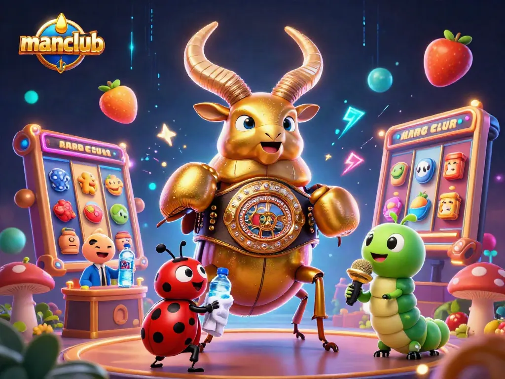 Spin the reels at manclub with an epic showdown between characters amidst vivid casino elements.