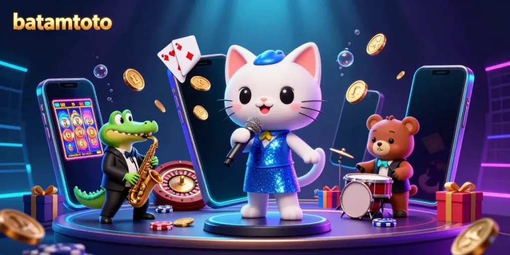 Engage with batamtoto in this vibrant 3D illustration featuring casino-themed characters and games.