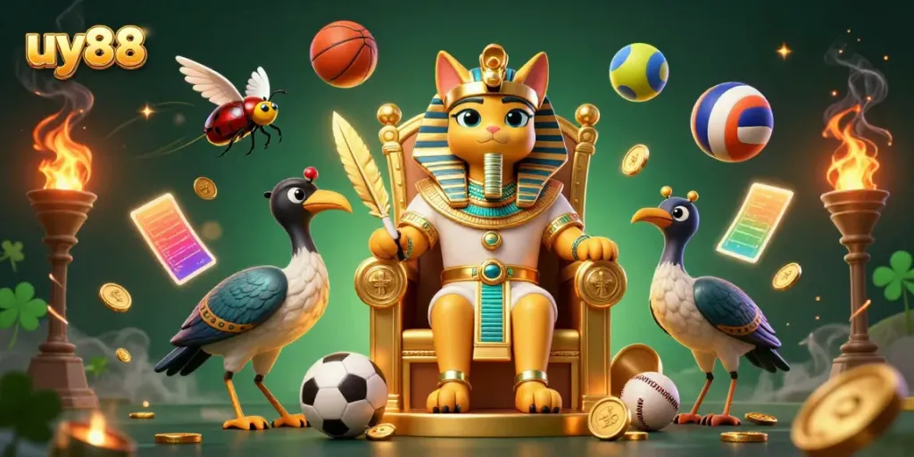 Bet on uy88 with a dynamic scene featuring an Egyptian pharaoh cat, sports balls, and golden trophies.