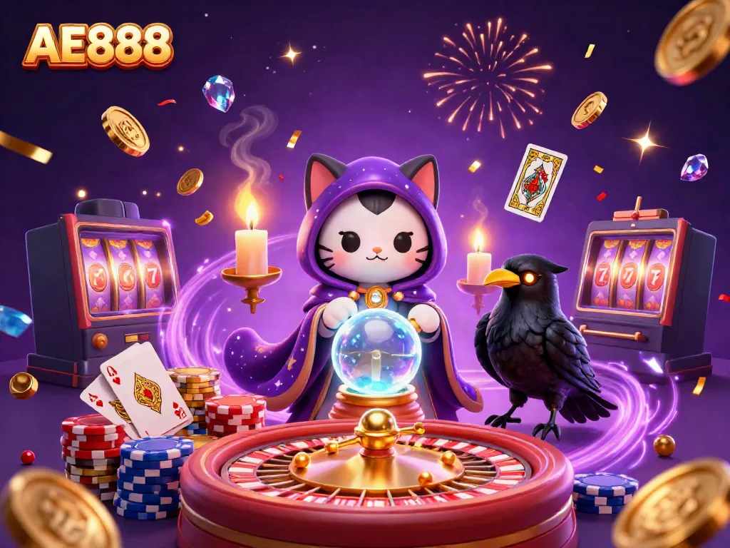 Experience the exciting AE888 casino world with a mystical cat, raven, and candles amidst vibrant gaming elements.