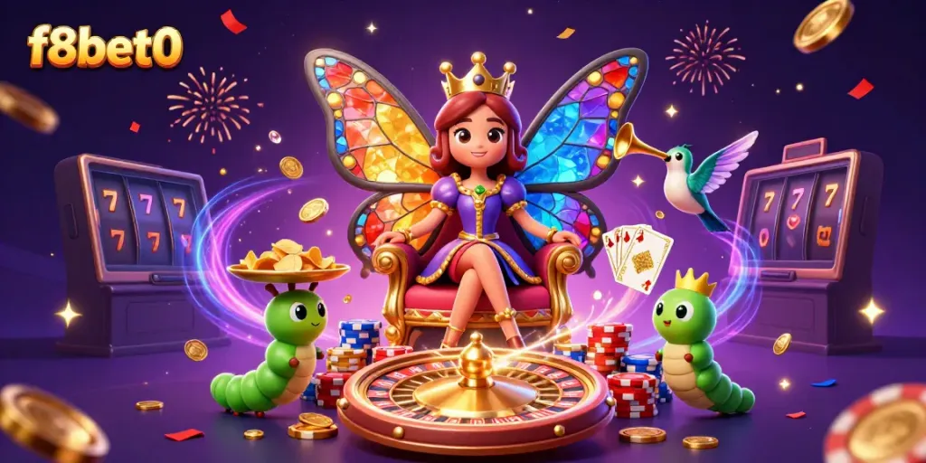 Experience the vibrant energy of f8bet0 with a dazzling casino scene featuring a butterfly queen and her companions.