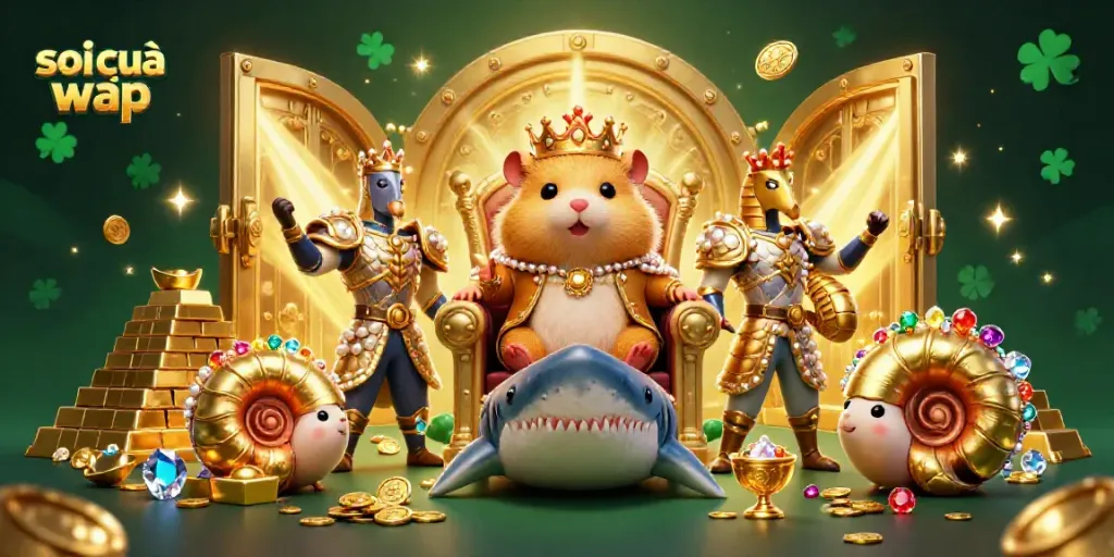 Engage with soi cầu wap fantasy featuring a fierce golden hamster king and treasure elements.