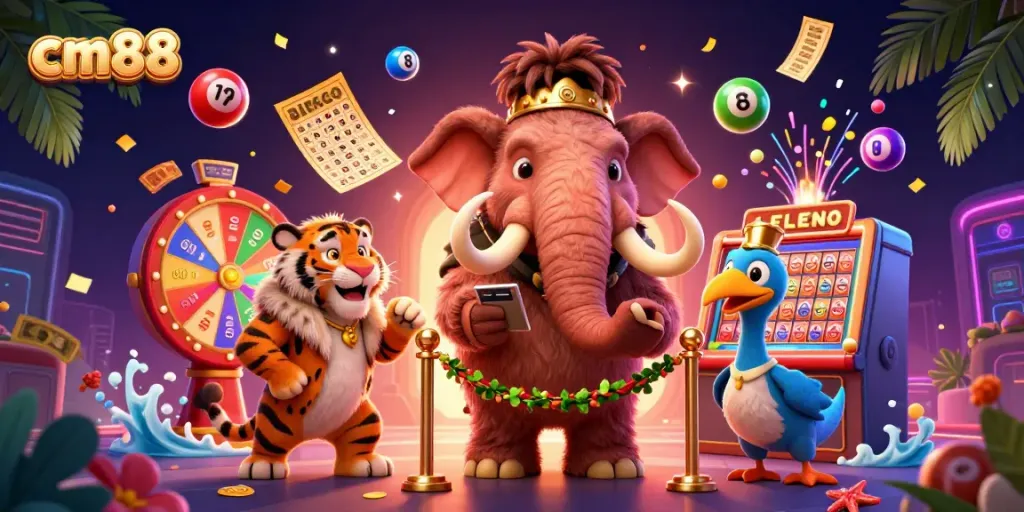 Experience the excitement at cm88's casino featuring a woolly mammoth and saber-tooth tiger in a vibrant scene.