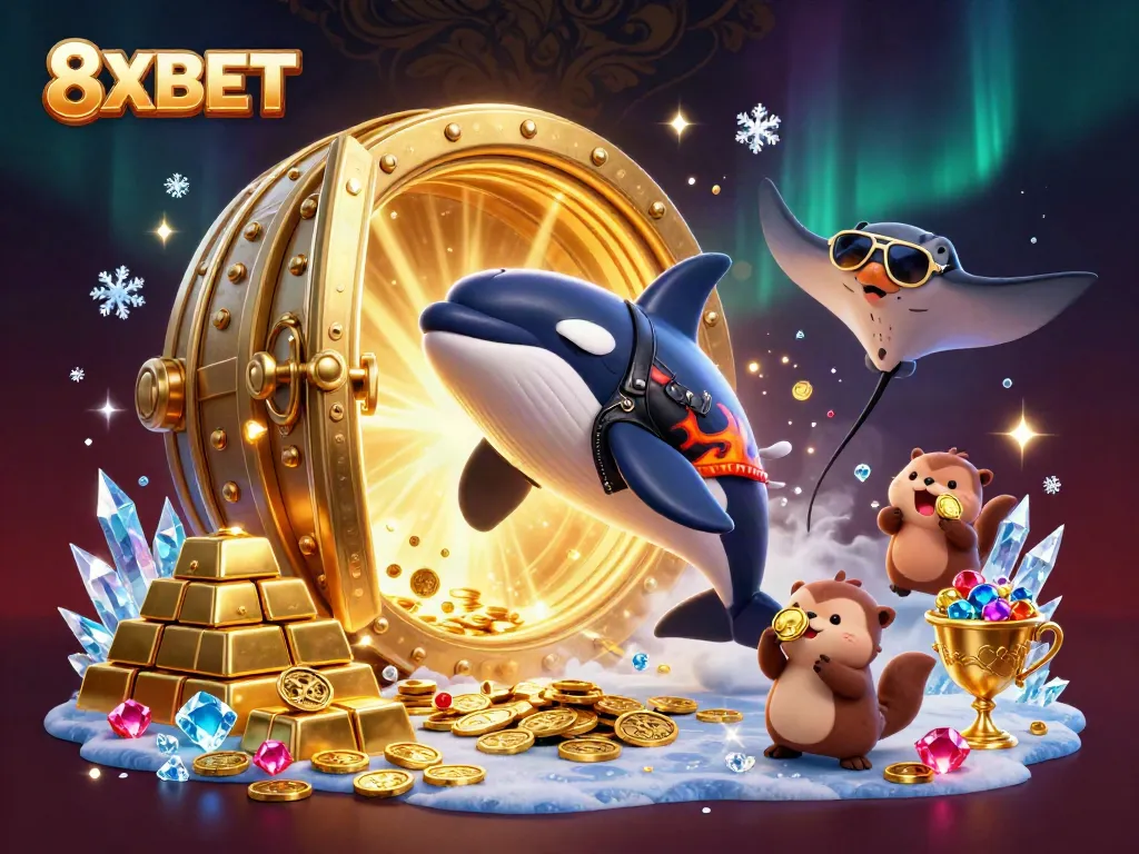 Experience exciting wins with 8XBET's dynamic casino illustration featuring unique characters.