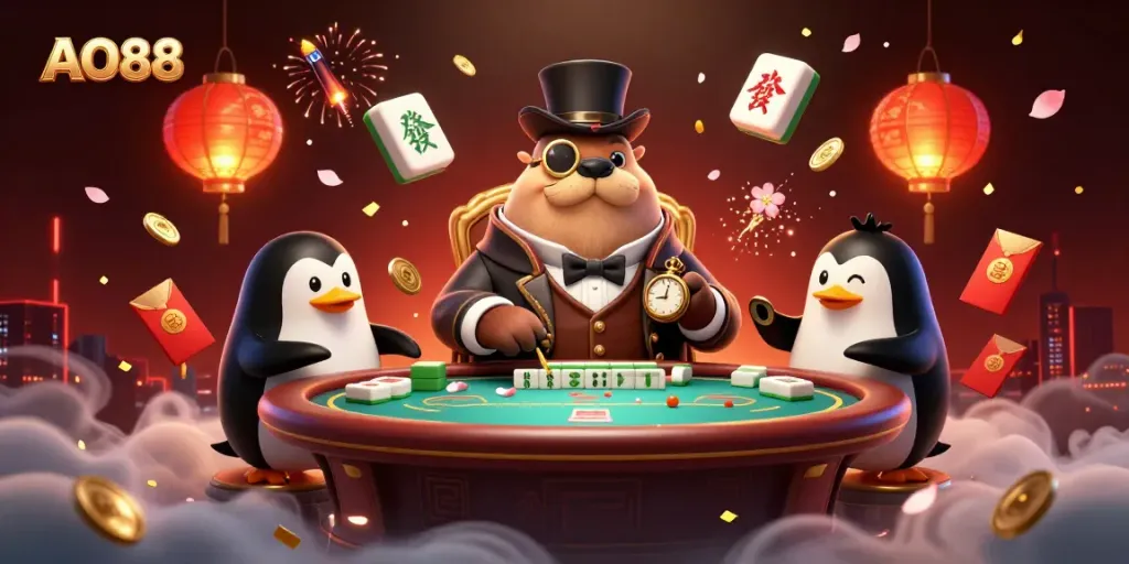 Delve into AO88 with a cartoon walrus playing poker underwater amidst festive casino elements.