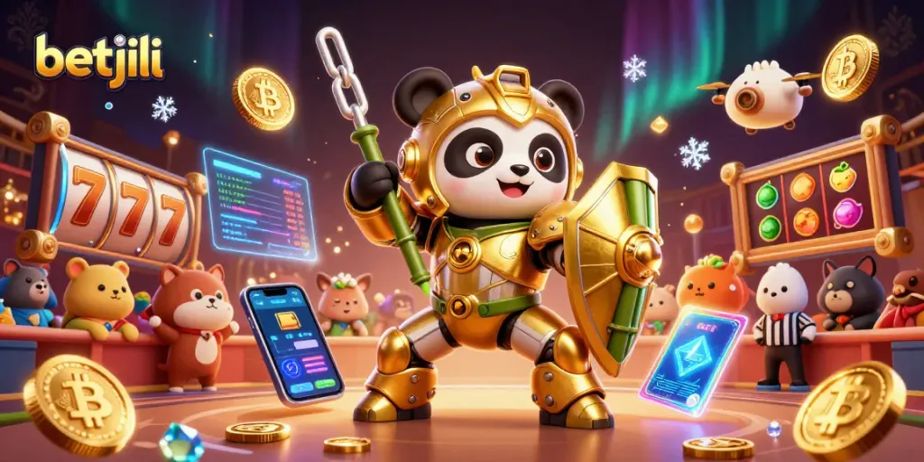 Betjili showcases an epic online casino battle with a mech-suit panda amidst slot reels and currency symbols.