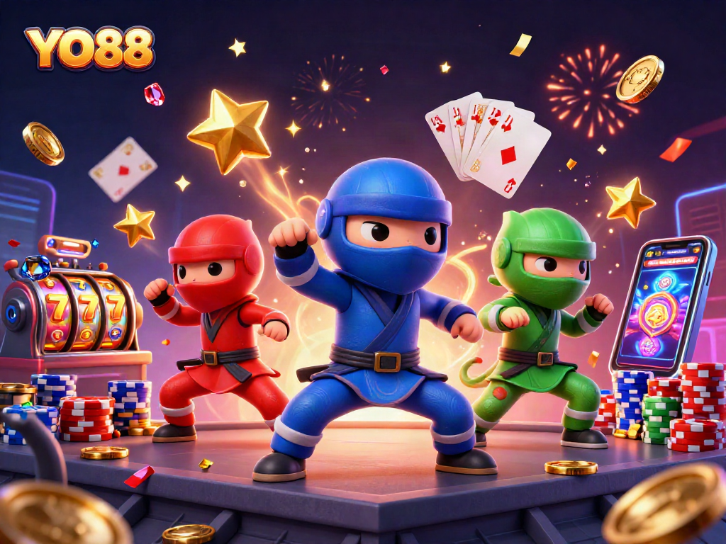 Experience thrilling action with YO88 as chameleon ninjas battle amidst golden coins and powerful slot machines.