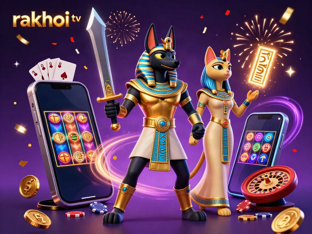 Experience the excitement of rakhoi tv with Anubis and Bastet in a vibrant casino illustration filled with slot games.
