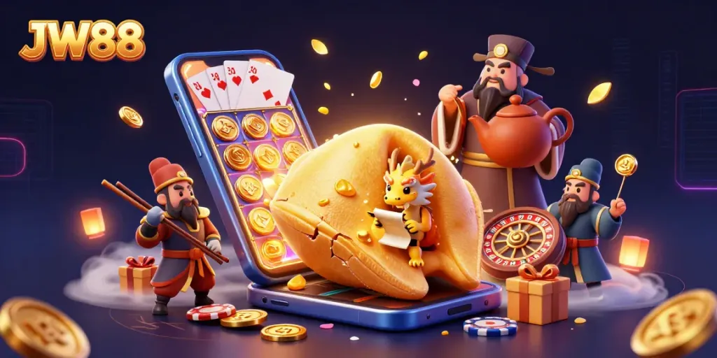 Experience the excitement of JW88 casino games with this dynamic 3D illustration of fortune and adventure.