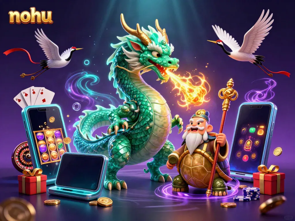 Engage with nohu online slots featuring an emerald dragon and dynamic game elements amidst vibrant visuals.