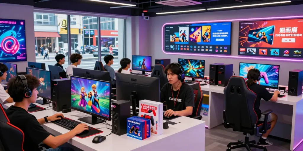 Exciting gaming experience at warung168, featuring diverse gamers in a vibrant digital storefront.