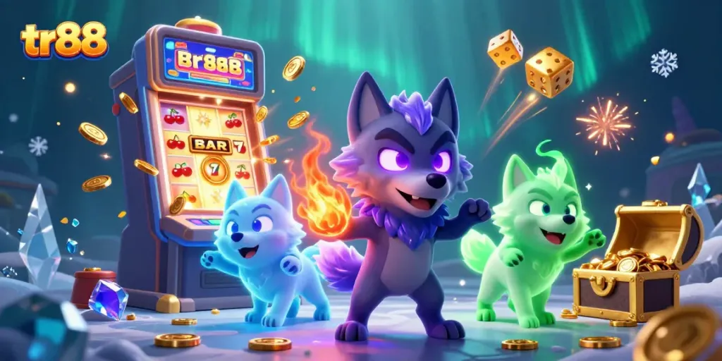 Spin the reels of tr88's immersive casino scene featuring winning jackpots and ghostly wolves.