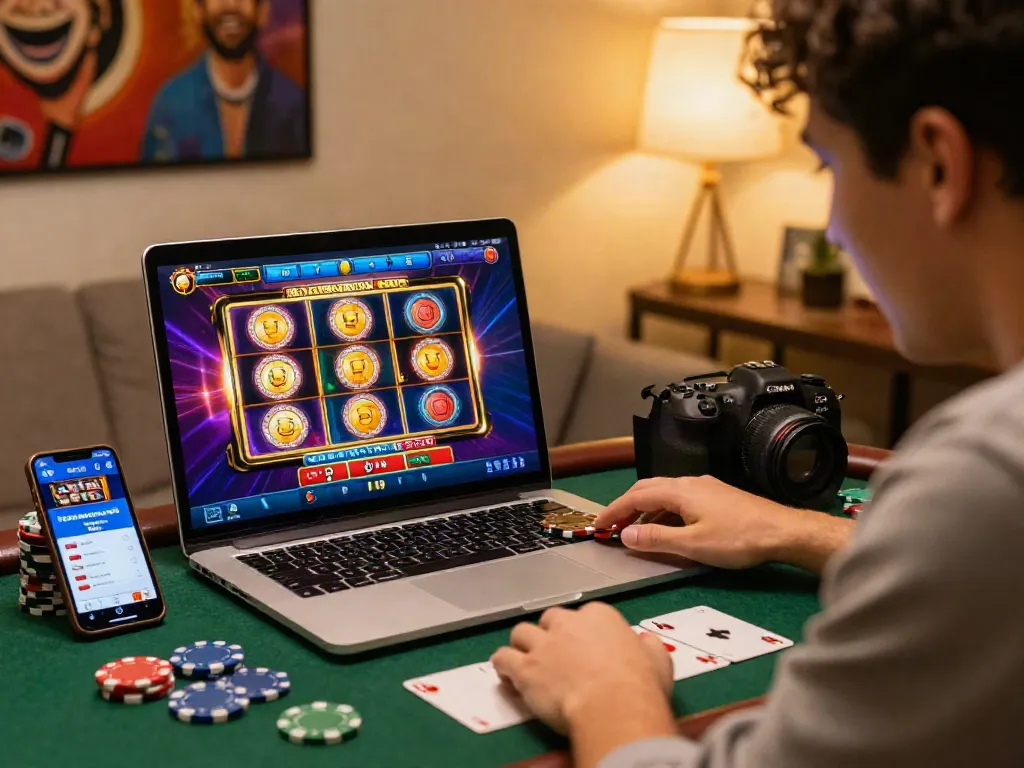 Engaging player enjoying lumbung88 online gambling experience in a cozy home setting.