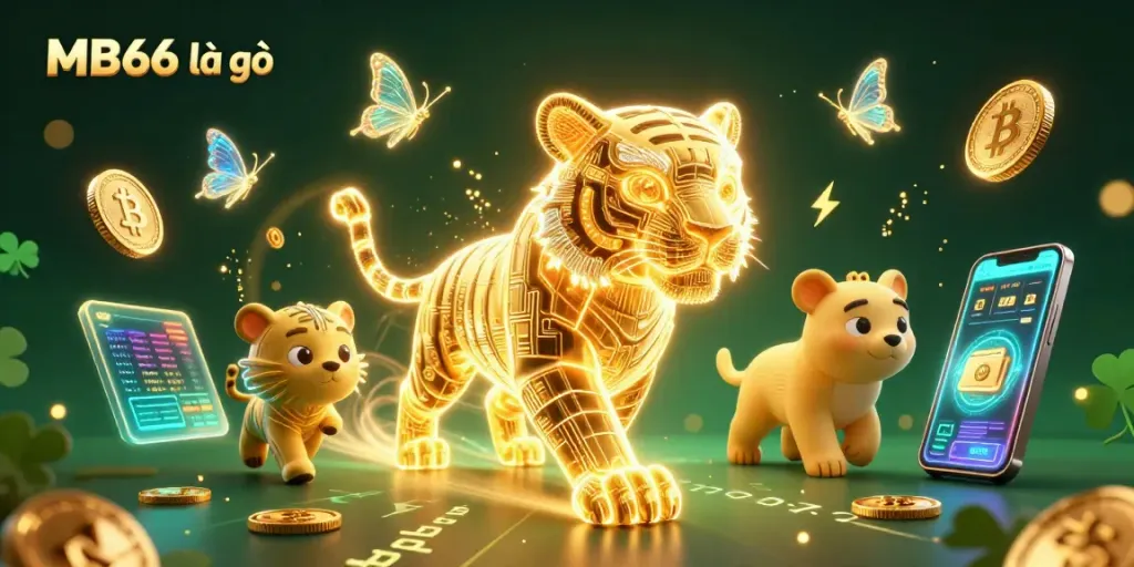 Engage with MB66 là gì, a vibrant 3D casino scene featuring a neon tiger and crypto elements.