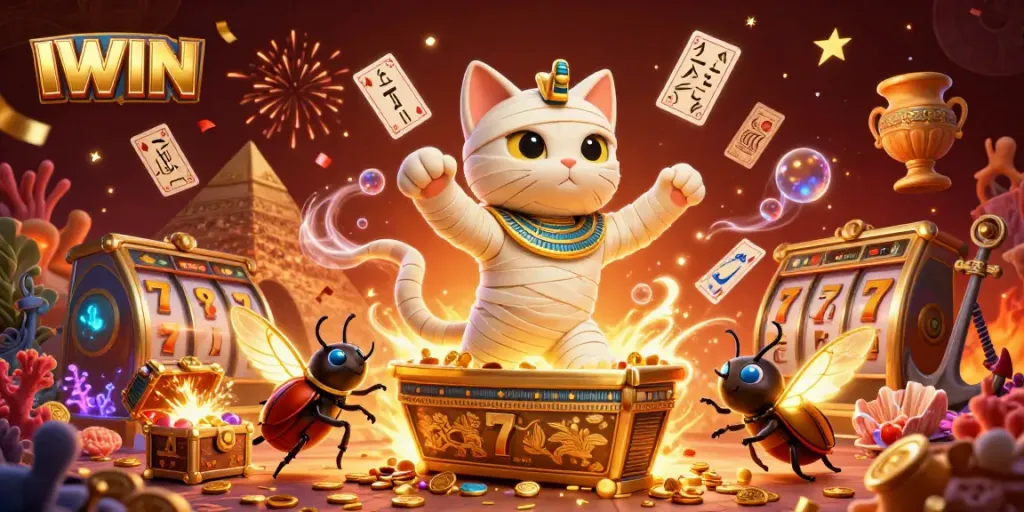 IWIN spins thrilling slots in a vibrant casino scene with dynamic characters and rich visuals.