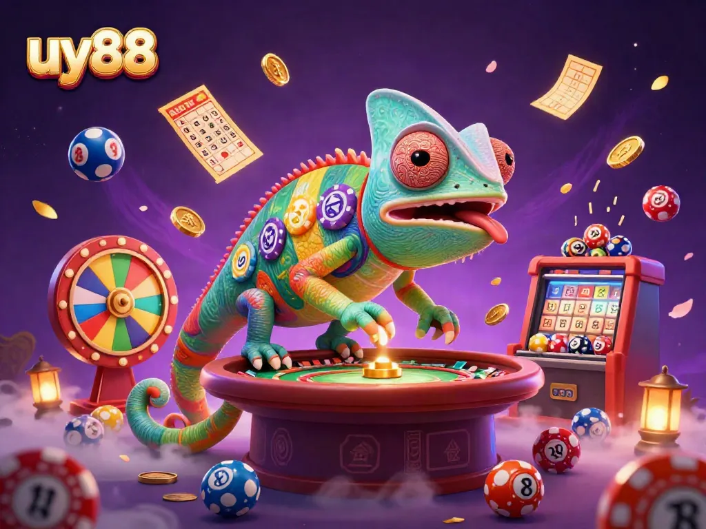 Engage with uy88's vibrant casino world featuring a dynamic chameleon, lottery balls, and golden prizes.