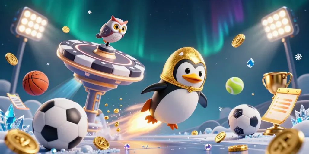 Experience thrilling moments at nohugame with a golden penguin flying toward a casino station, surrounded by sports elements.