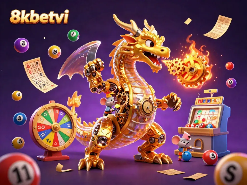 Engage in thrilling wins at 8xbetvi with golden dragon and exciting lottery elements in a vibrant casino-themed illustration.