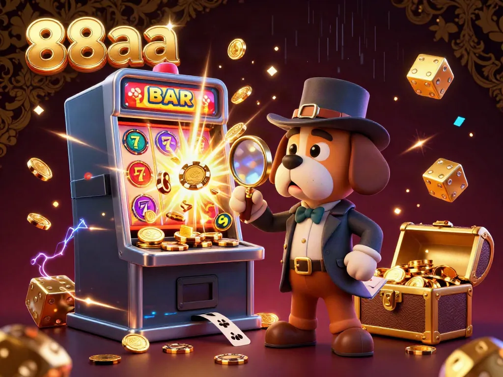 Engage with 88aa's thrilling casino experience featuring a detective searching for a poker chip clue amid vibrant game elements.