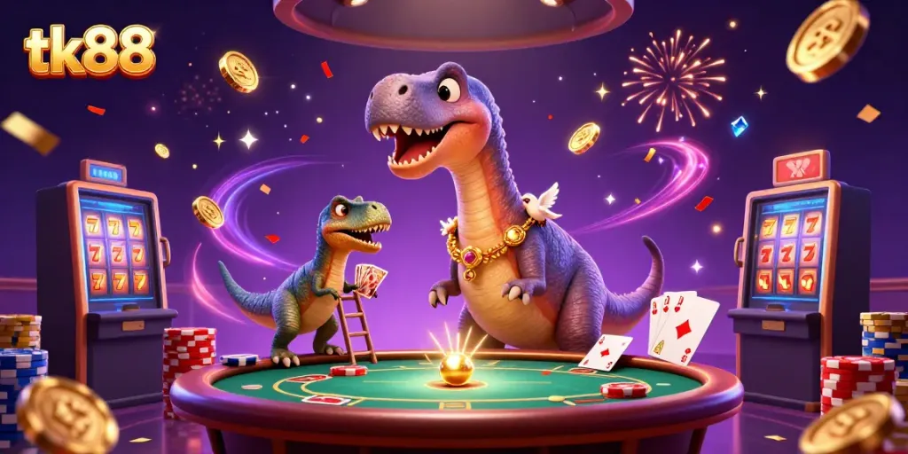 Engage in thrilling casino action with tk88 featuring dinosaurs in a vibrant gaming scene.