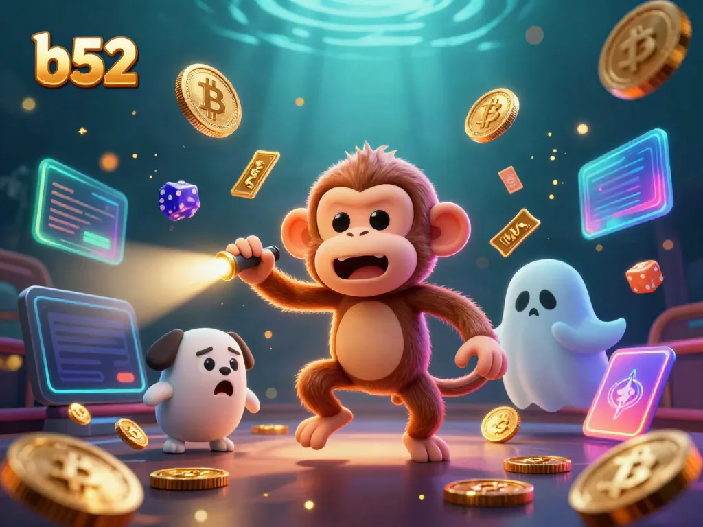 Engaging a lucky b52 experience in a haunted casino with a mischievous monkey and ghost-hunting puppy.