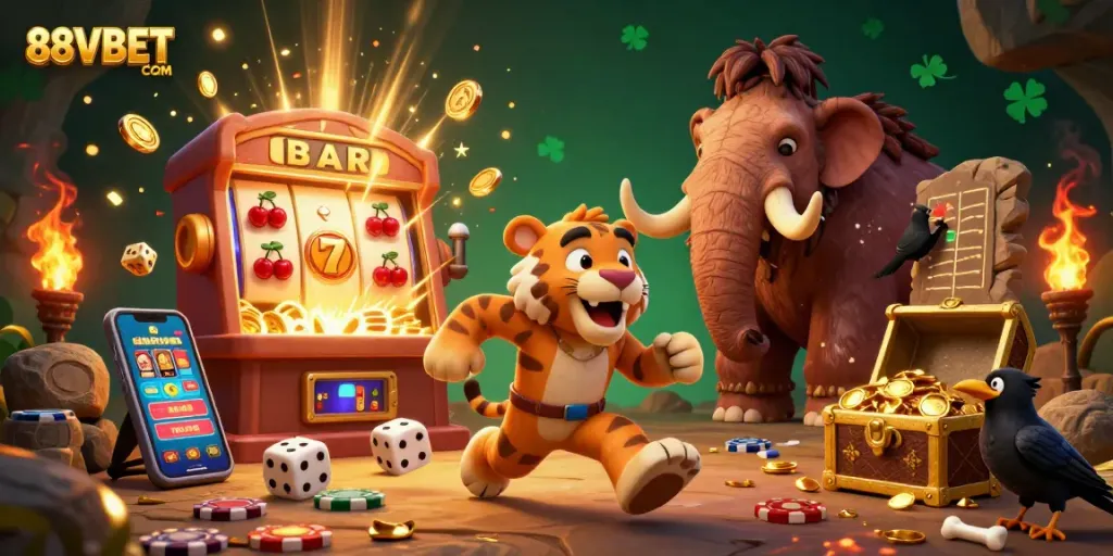Experience thrilling gameplay at 88VBET COM with our engaging prehistoric casino scene featuring stone chips and jackpots.