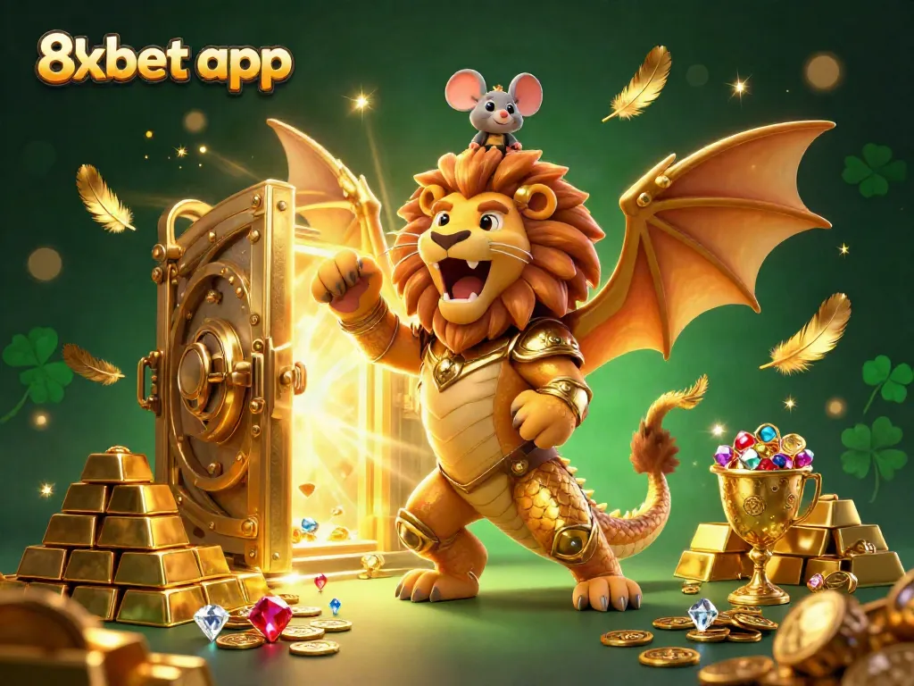 Win big with the 8xbet app in this rich casino scene featuring a golden chimera and treasures.