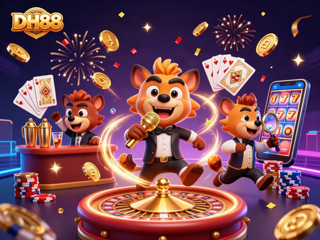 Catch the excitement of DH88 with hyenas in a casino setting, showcasing vibrant gaming elements.