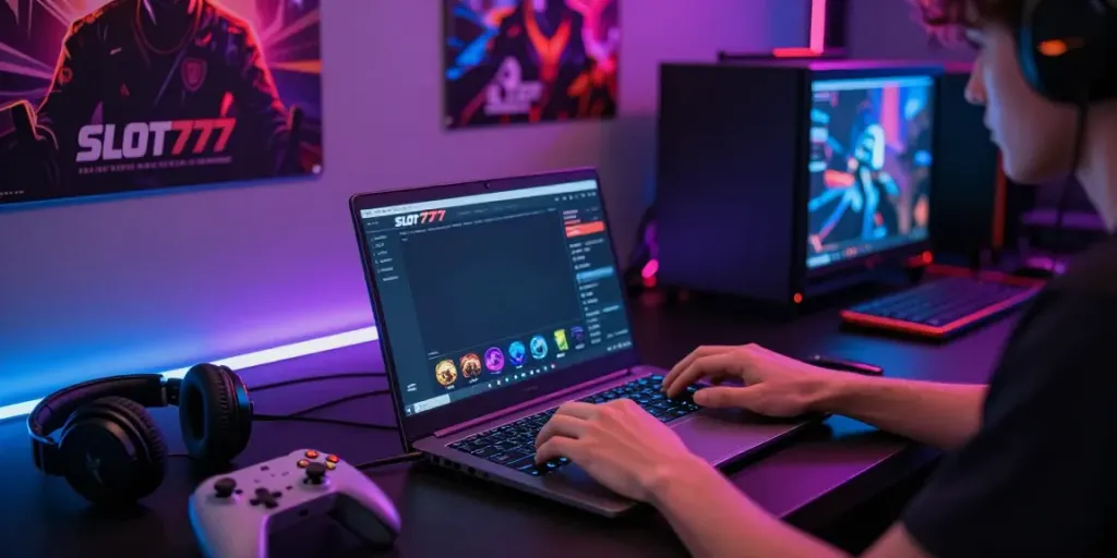 SLOT777 online gaming setup featuring a player at a laptop with vibrant accessories and gaming atmosphere.