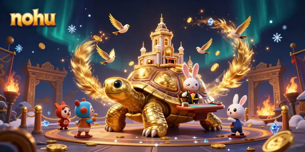 Spin the reels on nohu, featuring a giant tortoise casino and a rabbit dealer amidst swirling golden coins.
