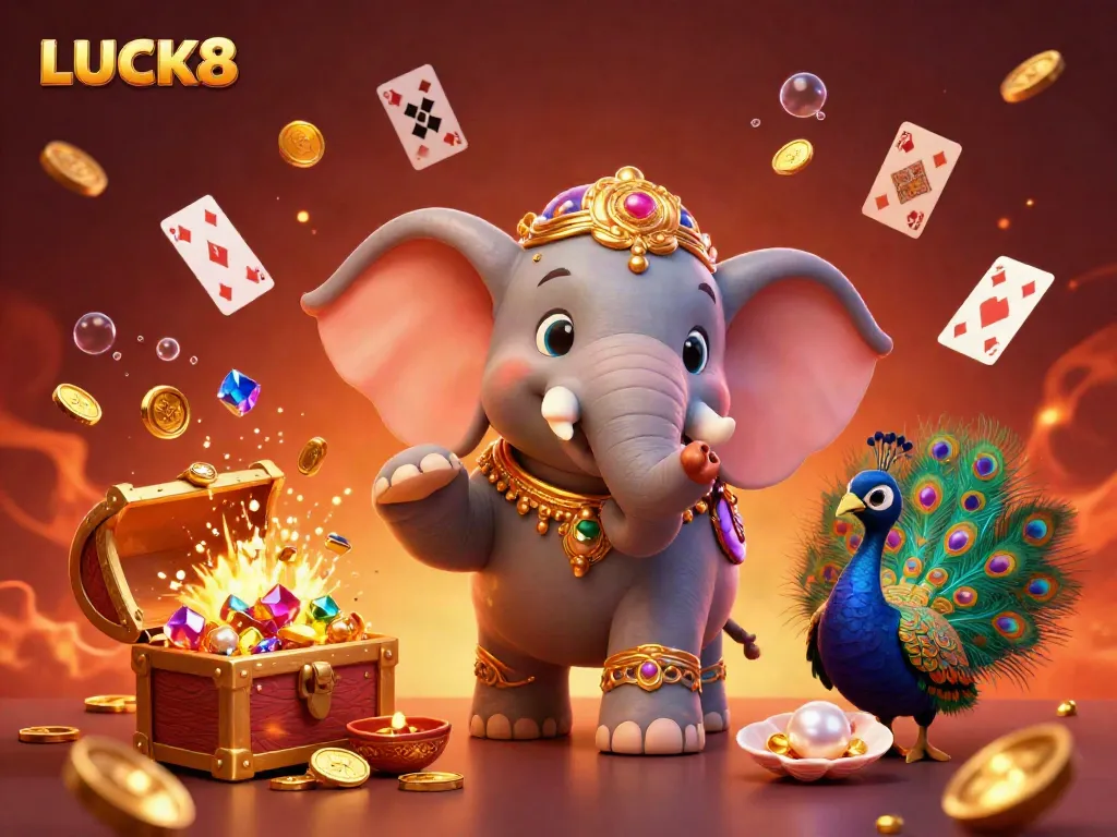 Experience the excitement of LUCK8 with dynamic casino-themed elements in a vibrant 3D illustration.