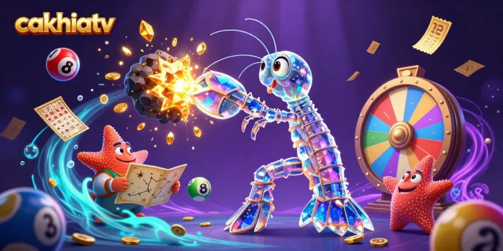 Experience exhilarating gaming moments with CakhiaTV's vibrant illustration of a galactic mantis shrimp bursting gems.