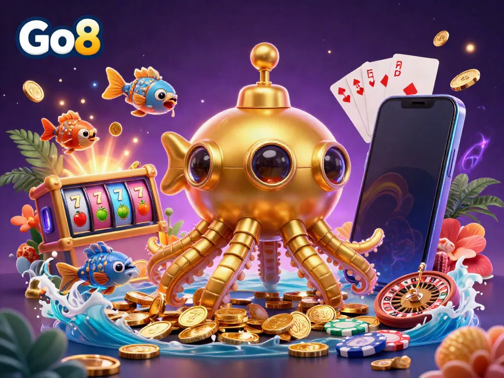Experience thrilling moments with Go8 in this vibrant 3D casino illustration featuring a golden kraken and exciting games.