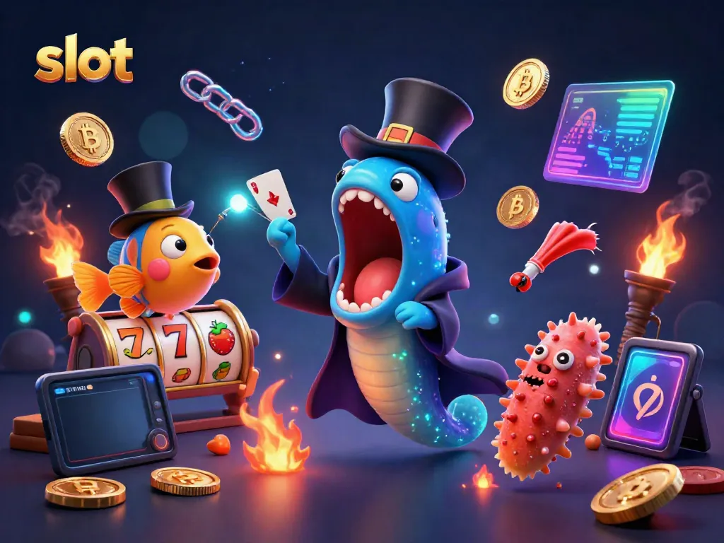 Experience the thrill of slots with bioluminescent sea creatures performing magic tricks amidst dazzling crypto coins and slot symbols.