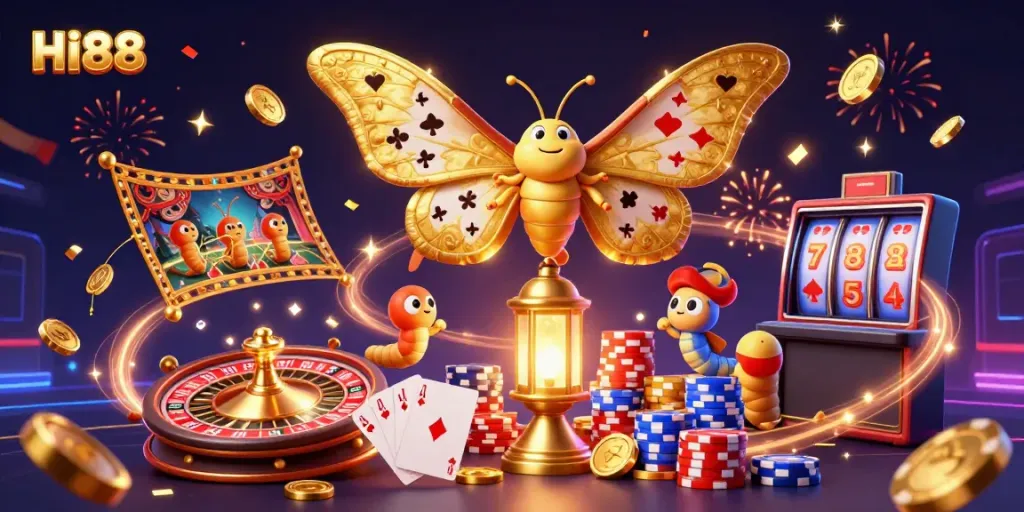 Experience the vibrant world of HI88 with a dynamic casino scene featuring golden moths, coins, and colorful gaming elements.