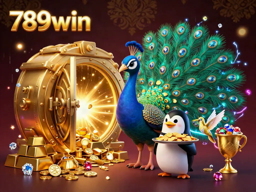 Experience the excitement of 789win with a dazzling casino illustration featuring a peacock, penguin, and hummingbird.