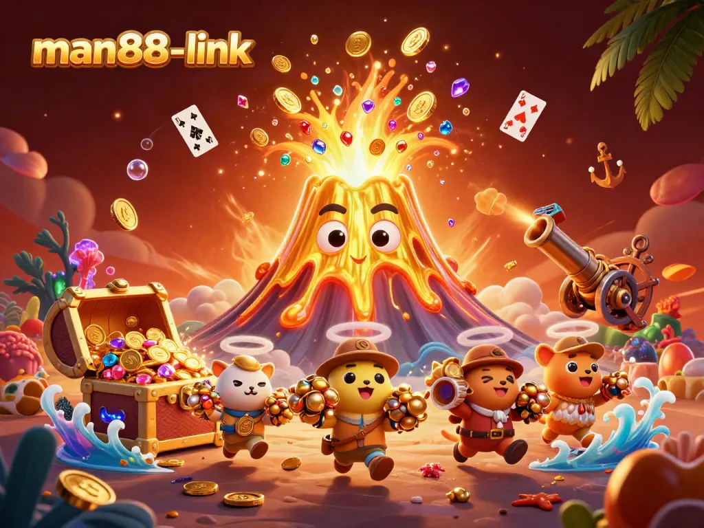 Win big with man88-link featuring a golden volcano erupting coins and treasure in a vibrant casino scene.