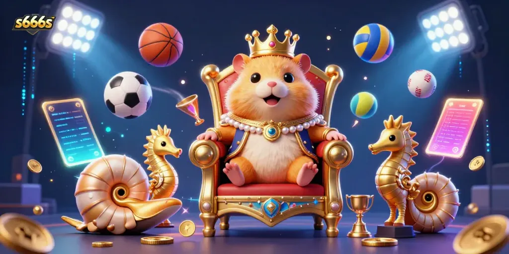 Experience the thrill with s666s, featuring a golden hamster king in a casino environment surrounded by dynamic gaming elements.