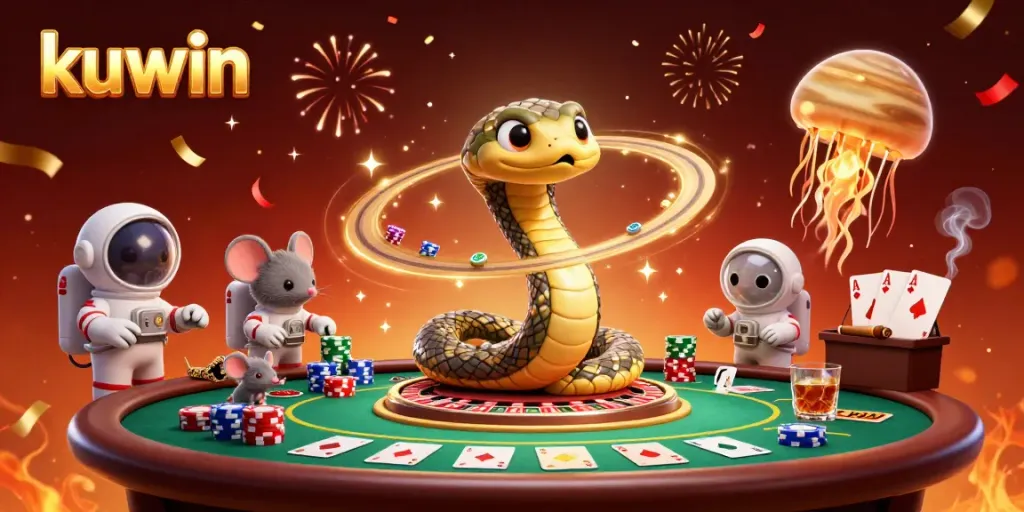 Kuwin's vibrant casino scene captures a cosmic snake roulette wheel with astronaut mice betting.