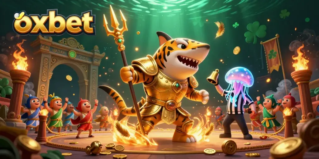 Engage with exciting oxbet gaming adventures in a vibrant underwater colosseum featuring a tiger shark and cheering fish.