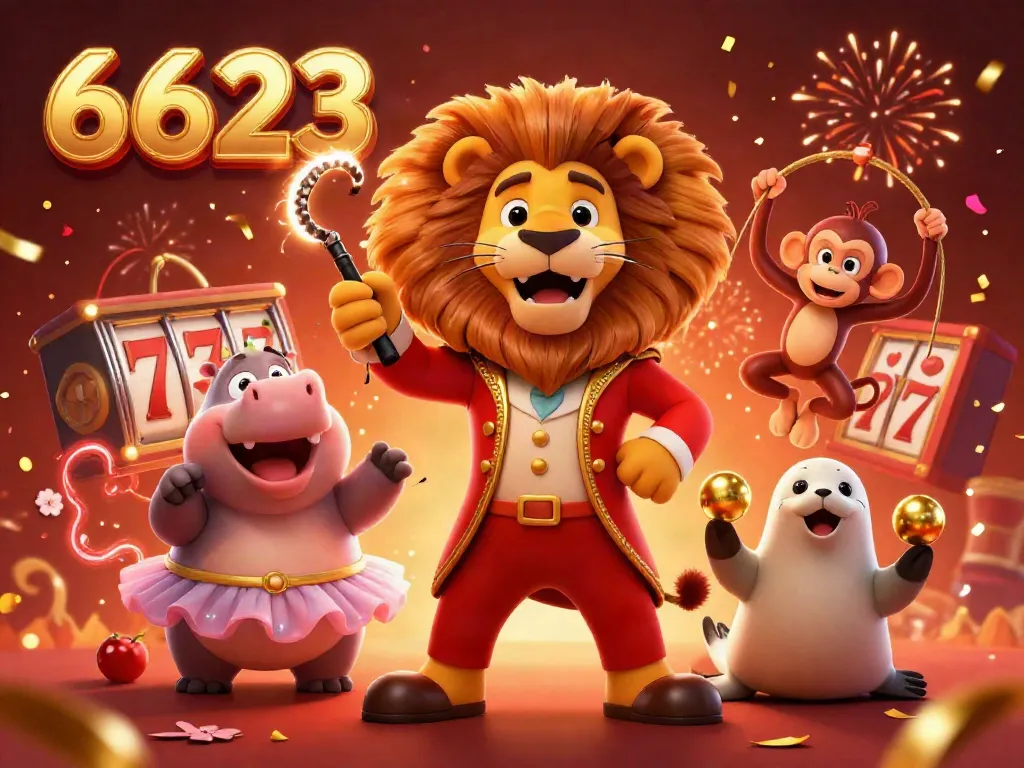 Engage in thrilling slots and jackpots with 6623, illustrated with vibrant characters and festive decorations.