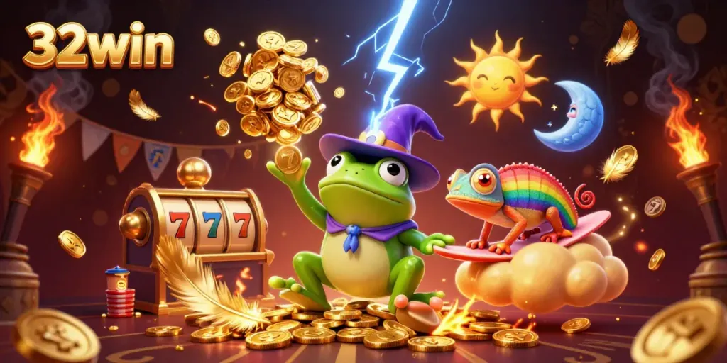 Experience excitement with 32win as a wizard frog creates a storm of coins amidst a vibrant casino scene.