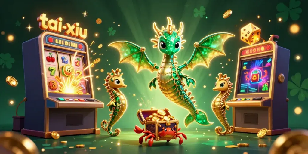 Experience the excitement of tai-xiu in a vibrant 3D illustration with fantasy elements and casino symbols.