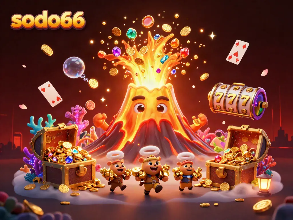 Experience thrilling gameplay at sodo66 with fantastical treasures erupting from a golden volcano.